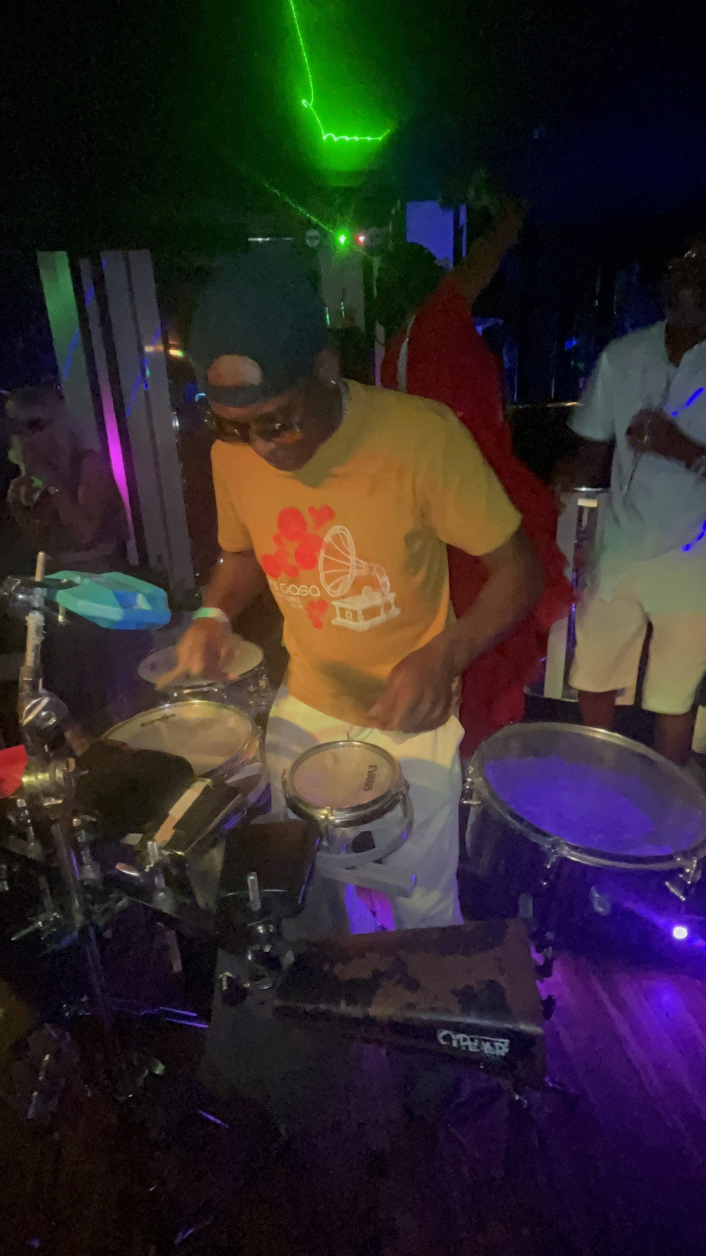 BongoFlex live percussionist playing timbales and congas at a London event